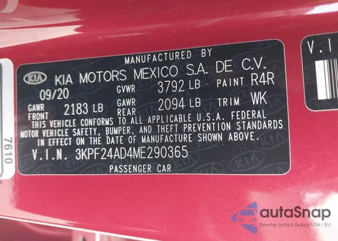 2021 Kia Forte Lxs from USA, damaged, VIN 3KPF24AD4ME290365